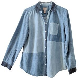 100% Cotton Patchwork Blue Denim Button-Up Shirt Chico’s Size 1 Fits Like Large